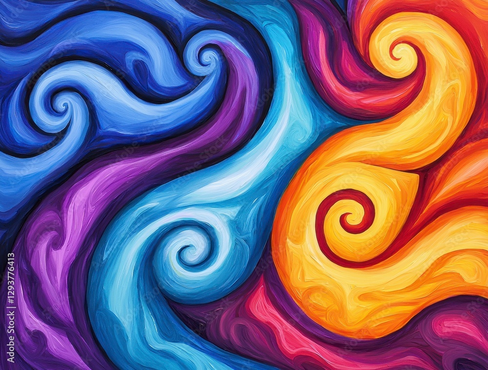 Obraz premium Abstract Swirling Blue Purple Red Orange Yellow Spiral Pattern Paint Texture