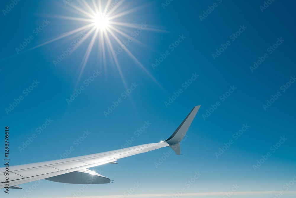 Fototapeta premium Private jet wing sun glinting off its edge, clear blue sky background 