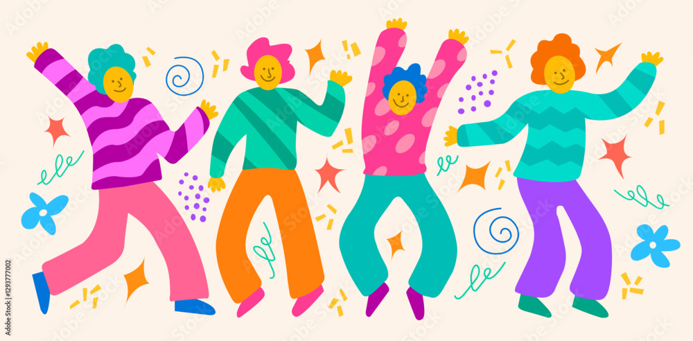 Fototapeta premium Dancing cheerful people men and women vector colorful illustration. Flat design. Doodle, holiday, fun, party.