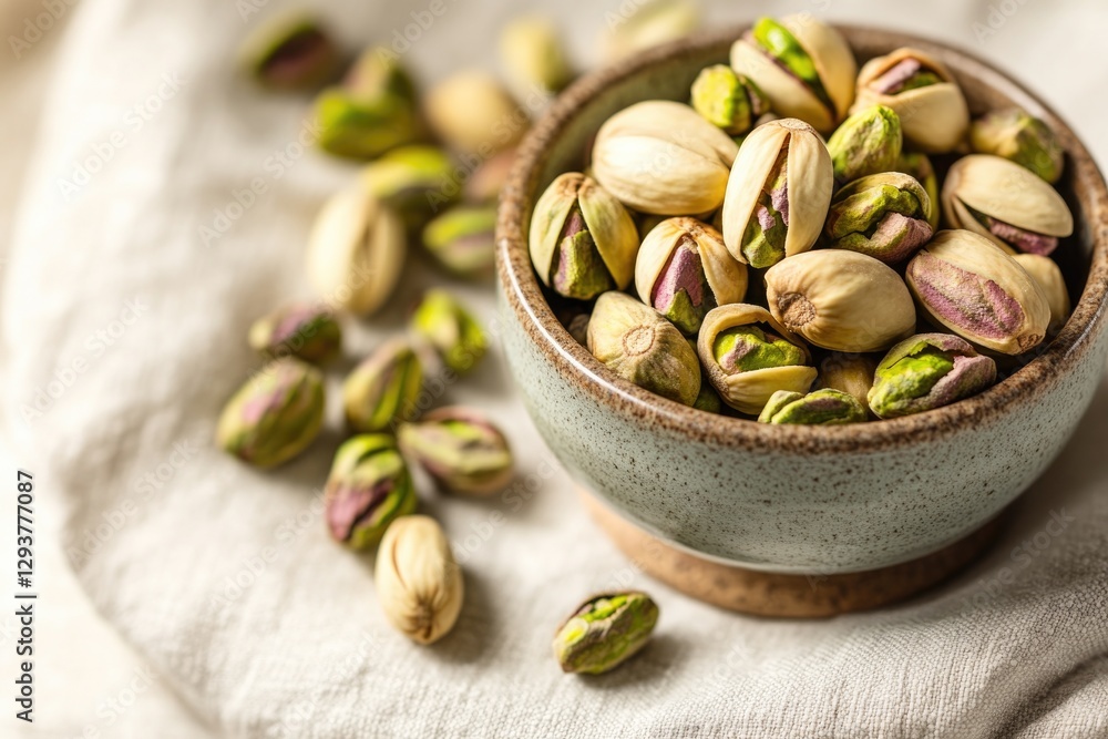 Bowl filled with vibrant pistachios on soft fabric, highlighting Bowl filled with vibrant pistachios on soft fabric, highlighting
