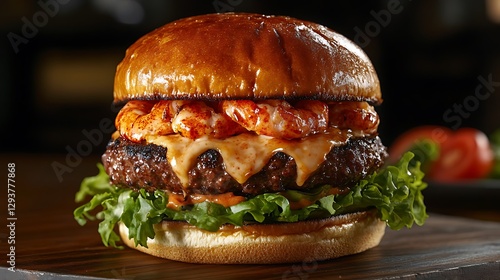 Exquisite professional studio image of a signature surf-and-turf burger, emphasizing textures of tender beef patty, succulent lobster meat with buttery glaze, creamy sauce drizzle,