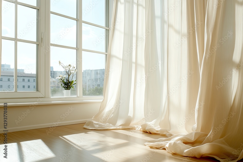 Bright sunlight streams through sheer curtains, illuminating coz Bright sunlight streams through sheer curtains, illuminating coz