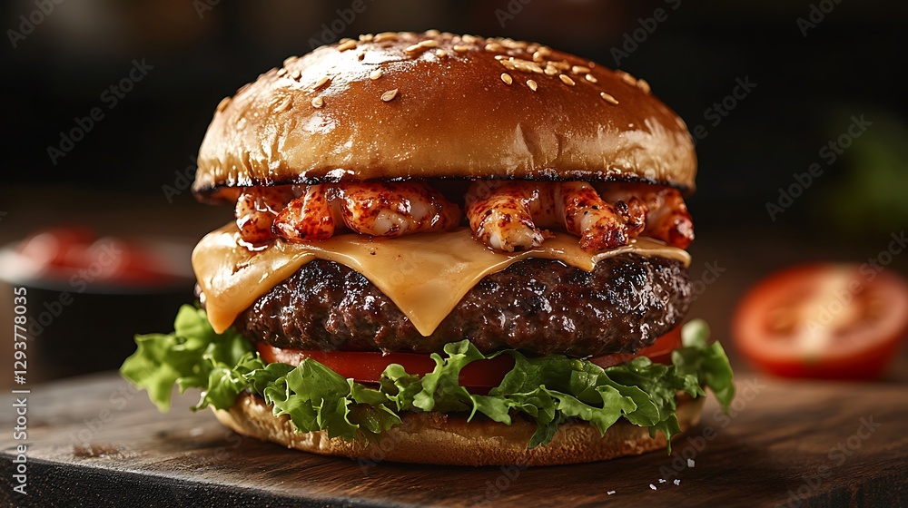 Exquisite professional studio image of a signature surf-and-turf burger, emphasizing textures of tender beef patty, succulent lobster meat with buttery glaze, creamy sauce drizzle, Exquisite professional studio image of a signature surf-and-turf burger, emphasizing textures of tender beef patty, succulent lobster meat with buttery glaze, creamy sauce drizzle,