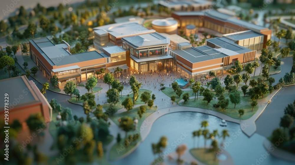 Fototapeta premium A detailed 3D maquette model showing a shopping mall expansion with added stores, dining, and entertainment areas