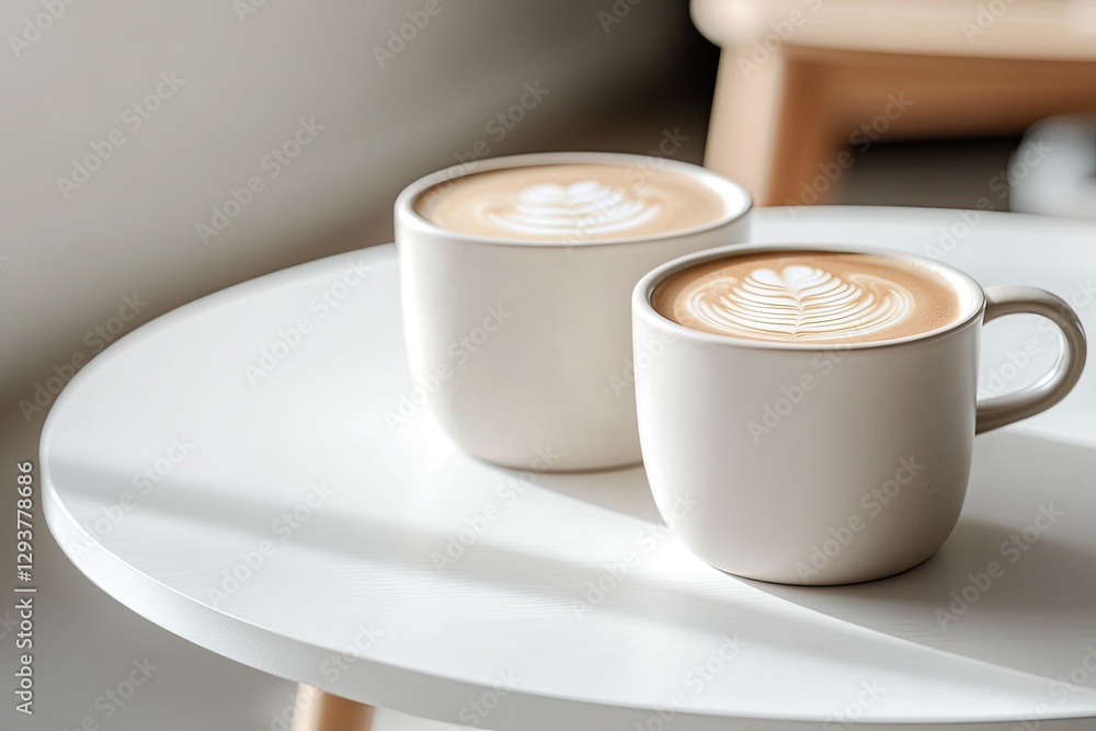 Warm cups of coffee resting on minimalist table, sunlight castin Warm cups of coffee resting on minimalist table, sunlight castin