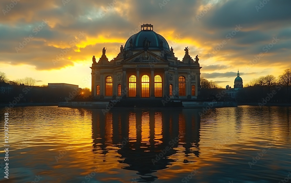 Obraz premium Sunset over park pavilion reflecting in pond