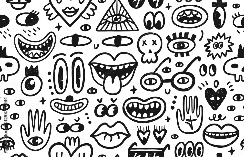 Seamless pattern with cute doodle cartoon characters, eyes, mouths and mascot elements. Hand drawn vector set. Cartoon faces collection Seamless pattern with cute doodle cartoon characters, eyes, mouths and mascot elements. Hand drawn vector set. Cartoon faces collection
