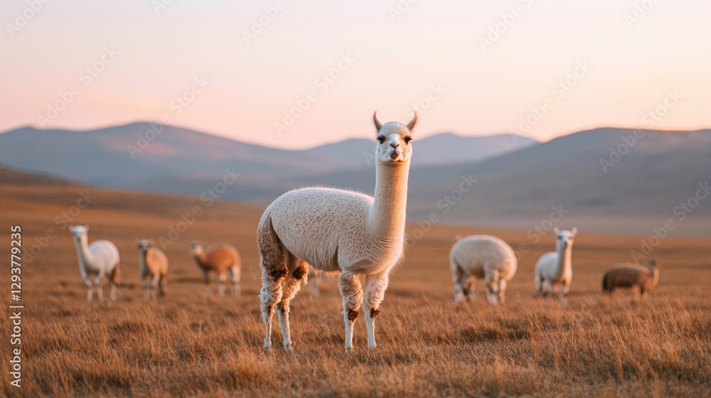 Fototapeta premium Llamas grazing peacefully in golden grasslands at sunset, serene