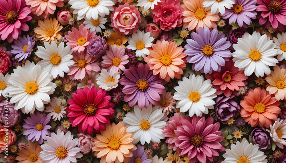 A Vibrant Mosaic of Blossoms: Daisies, Peonies, and Roses in a Kaleidoscope of Colors Capturing Nature's Cheerful Splendor A Vibrant Mosaic of Blossoms: Daisies, Peonies, and Roses in a Kaleidoscope of Colors Capturing Nature's Cheerful Splendor