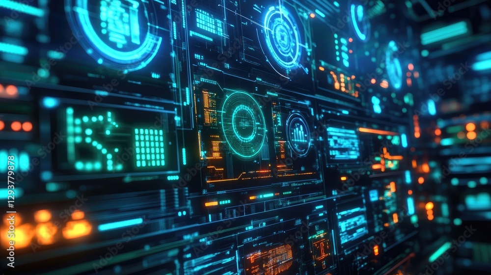 A futuristic display of glowing blue and neon green HUD interface elements, showcasing digital symbols and data visualizations in high-tech design A futuristic display of glowing blue and neon green HUD interface elements, showcasing digital symbols and data visualizations in high-tech design