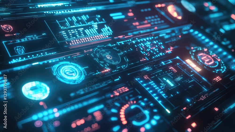 A futuristic display of glowing blue and neon green HUD interface elements, showcasing digital symbols and data visualizations in high-tech design A futuristic display of glowing blue and neon green HUD interface elements, showcasing digital symbols and data visualizations in high-tech design