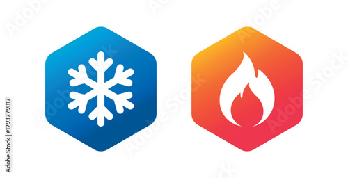 Hot and cold hexagon vector flat icon set isolated on white background. Snowflake and fire, flame gradient symbols on geometric hexagon buttons for web and app.