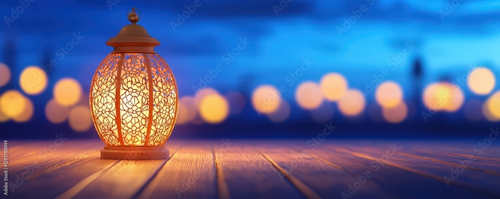Obraz premium A beautifully designed lantern casts a warm glow against a blurred blue background filled with soft, twinkling lights, ramadan fasting purity gratitude eid ul fitr mubarok 