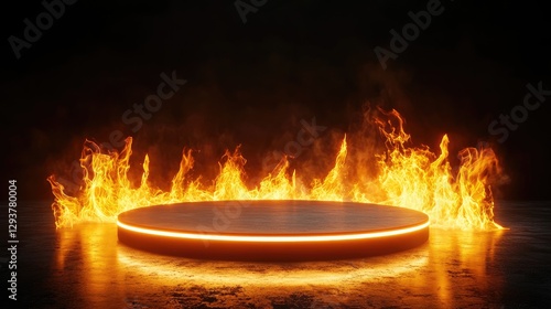 Wallpaper Mural A futuristic round podium glowing in the darkness, surrounded by dynamic fire flames, creating a high-impact visual for modern event or performance concepts Torontodigital.ca