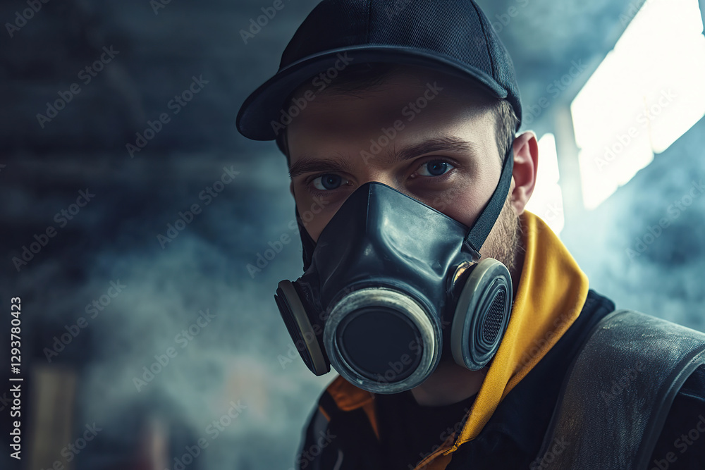 Man wearing gas mask in smoky environment during industrial work Man wearing gas mask in smoky environment during industrial work