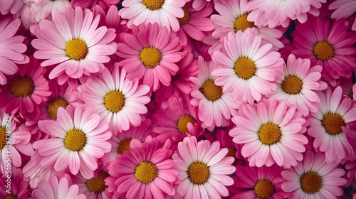 Many pink and white daisies with yellow centers fill frame