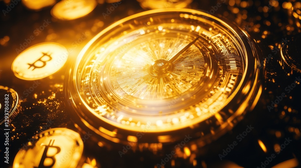 A golden clock surrounded by glowing coins, symbolizing wealth and time management, offering a minimalist aesthetic ideal for financial themes A golden clock surrounded by glowing coins, symbolizing wealth and time management, offering a minimalist aesthetic ideal for financial themes