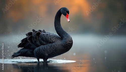 Fototapeta Naklejka Na Ścianę i Meble -  Full body portrait of black swan standing in water. Red beak. Rare bird swimming, hunting fish, clean feathers in lake. Wild animal in nature. Dangerous wildlife near water in wild nature reserve.
