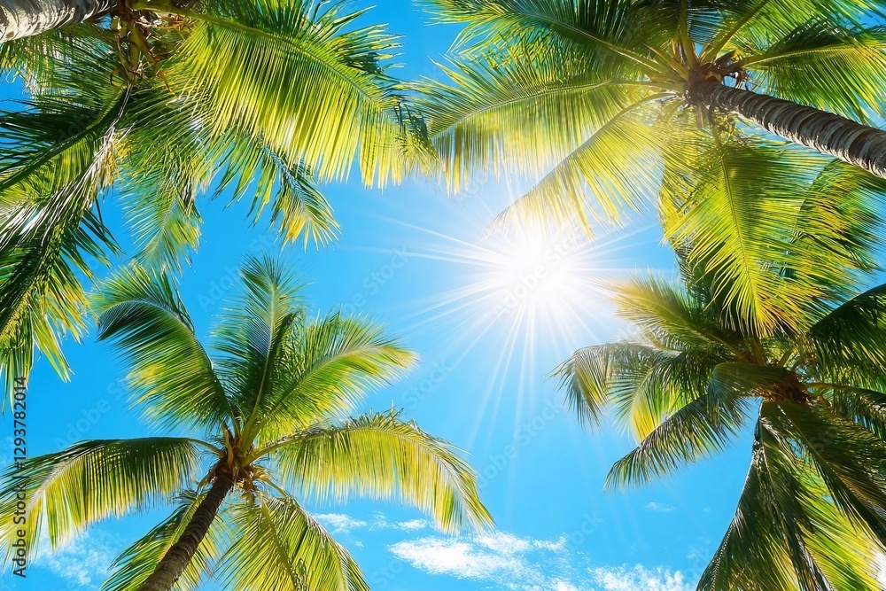 Green palm tree branches blue sky background, bright shiny sun rays, palm leaves, sunlight glow, beautiful nature, sea beach landscape, summer holidays Green palm tree branches blue sky background, bright shiny sun rays, palm leaves, sunlight glow, beautiful nature, sea beach landscape, summer holidays