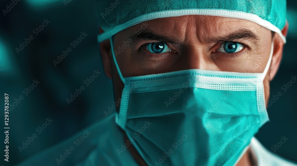 Emergency room doctor, intense and focused expression, hospital environment background Emergency room doctor, intense and focused expression, hospital environment background