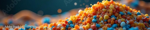 Granulated plastic, sharp focus, recycling facility ,  bright,  colorful background,  abstract