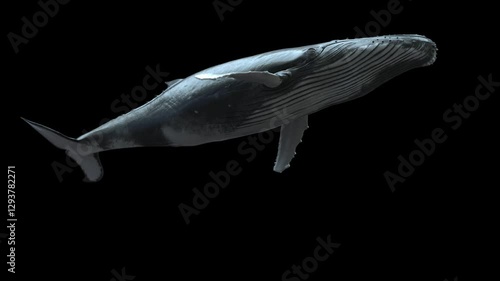 Isolated humpback whale swimming in a seamless loop with a low-angle camera shot. 3D animation with a clean alpha channel, perfect for ocean-themed projects, nature documentaries, and VFX