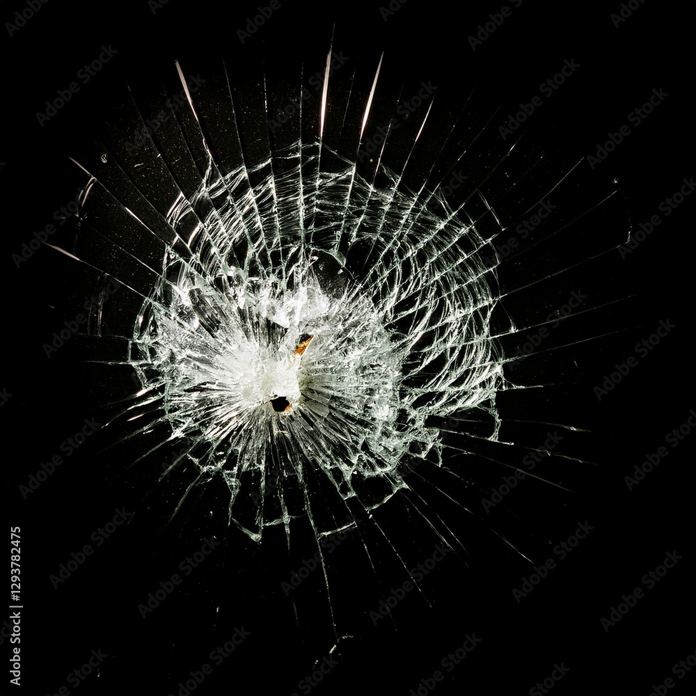 Obraz premium Broken glass with central impact and radial cracks on a black background, highlighting details of the fractured crystal. Shattered glass texture with light effects on the cracks