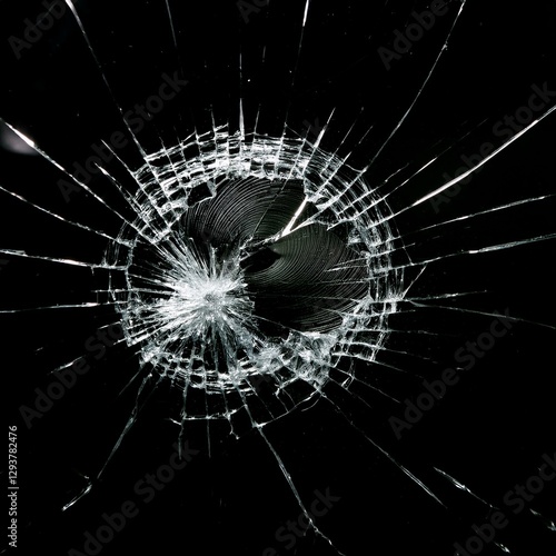 Broken glass with central impact and radial cracks on a black background, highlighting details of the fractured crystal. Shattered glass texture with light effects on the cracks