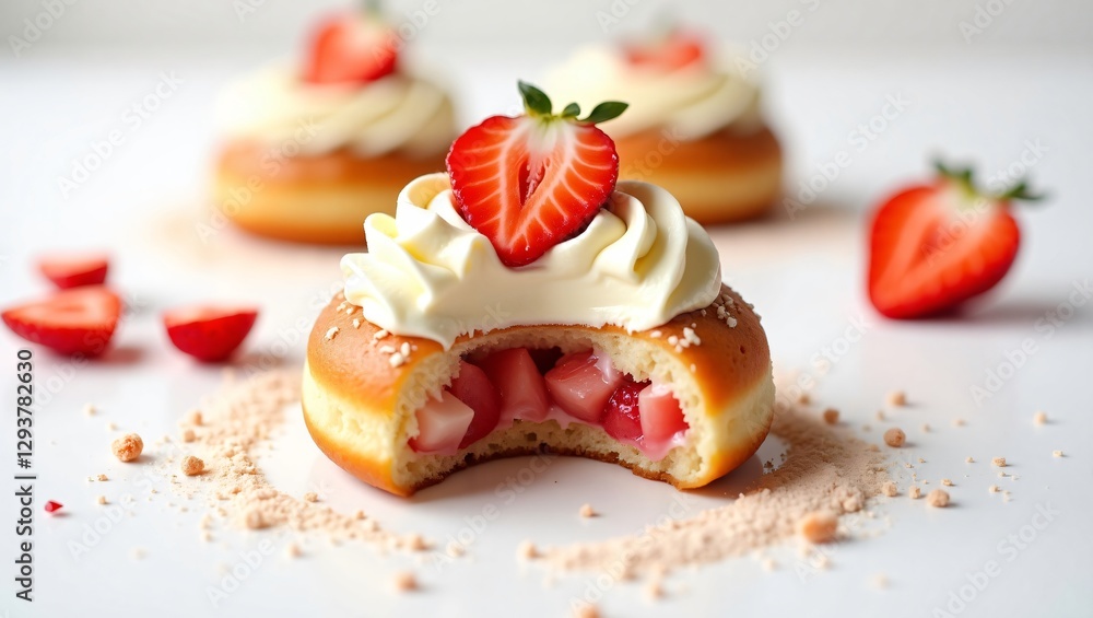 Gourmet Dessert: Sliced Donut with Cream Filling, Meringue Topping, and Fresh Strawberries Gourmet Dessert: Sliced Donut with Cream Filling, Meringue Topping, and Fresh Strawberries
