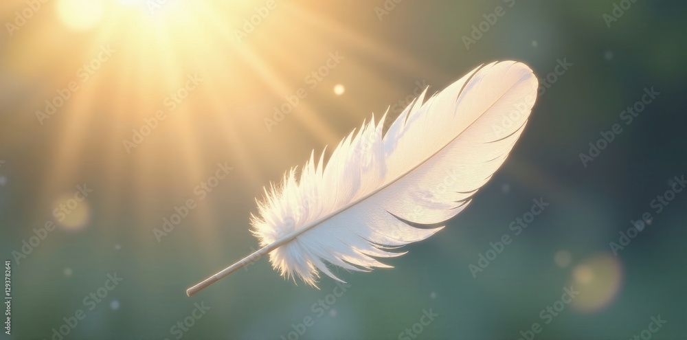 Naklejka premium Single, white feather drifts in sunbeam, soft shadow , plumage, fragile