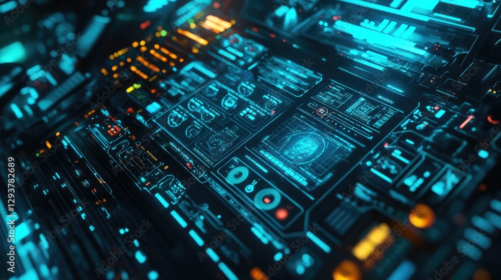 Fototapeta premium A high-tech, glowing blue and neon green HUD interface with symbols and data visualizations, reflecting advanced digital technology and futuristic design