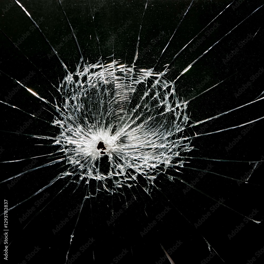 Obraz premium Broken glass with central impact and radial cracks on a black background, highlighting details of the fractured crystal. Shattered glass texture with light effects on the cracks