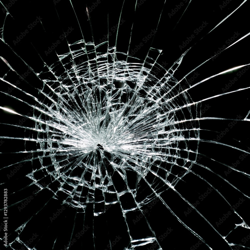 Obraz premium Broken glass with central impact and radial cracks on a black background, highlighting details of the fractured crystal. Shattered glass texture with light effects on the cracks
