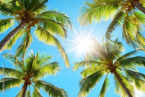 Fototapeta Naklejka Na Ścianę i Meble -  Green palm tree branches blue sky background, bright shiny sun rays, palm leaves, sunlight glow, beautiful nature, sea beach landscape, summer holidays