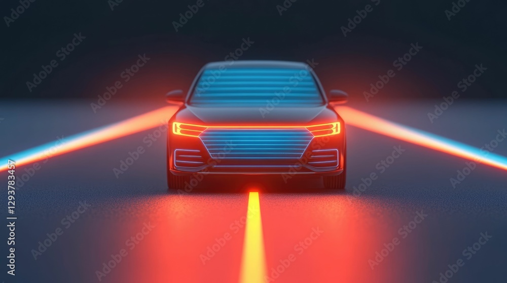 Naklejka premium Futuristic AI powered vehicle with advanced sensor technology that can detect road hazards in real time and provide immediate holographic alerts to the driver