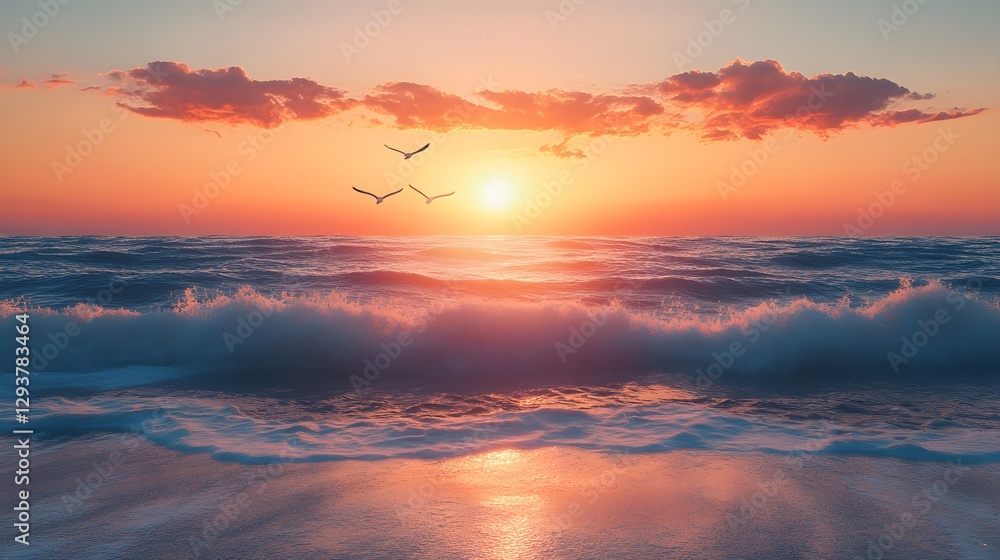 Obraz premium Sunset over the ocean features realistic soft waves and flying seagulls in warm golden light with orange, pink, and blue tones, captured in a wide shot from the shore with a serene coastal beach.