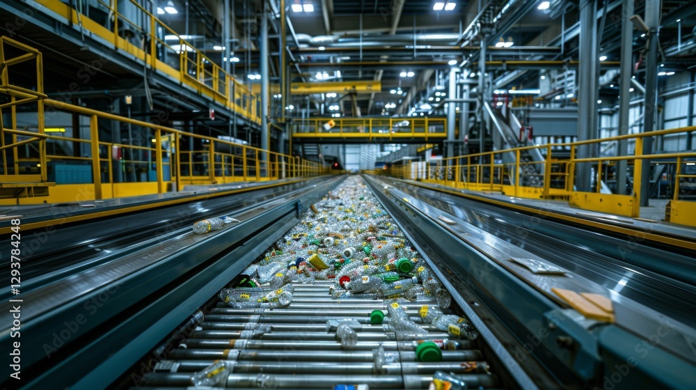 Fototapeta premium Conveyor belt transports a large amount of plastic bottles through a recycling facility in an expansive warehouse filled with equipment and workers during daylight hours.