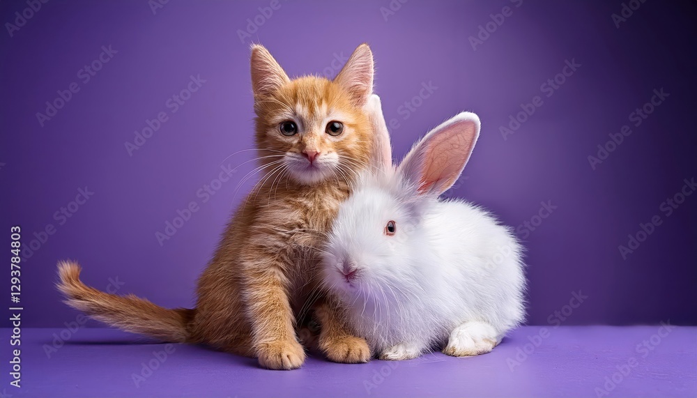 Playful Ginger Kitten and White Rabbit Embrace on Purple Background Adorable Animal Duo Concept Captures Joyous Moment in a Vibrant Fantasy Setting Playful Ginger Kitten and White Rabbit Embrace on Purple Background Adorable Animal Duo Concept Captures Joyous Moment in a Vibrant Fantasy Setting