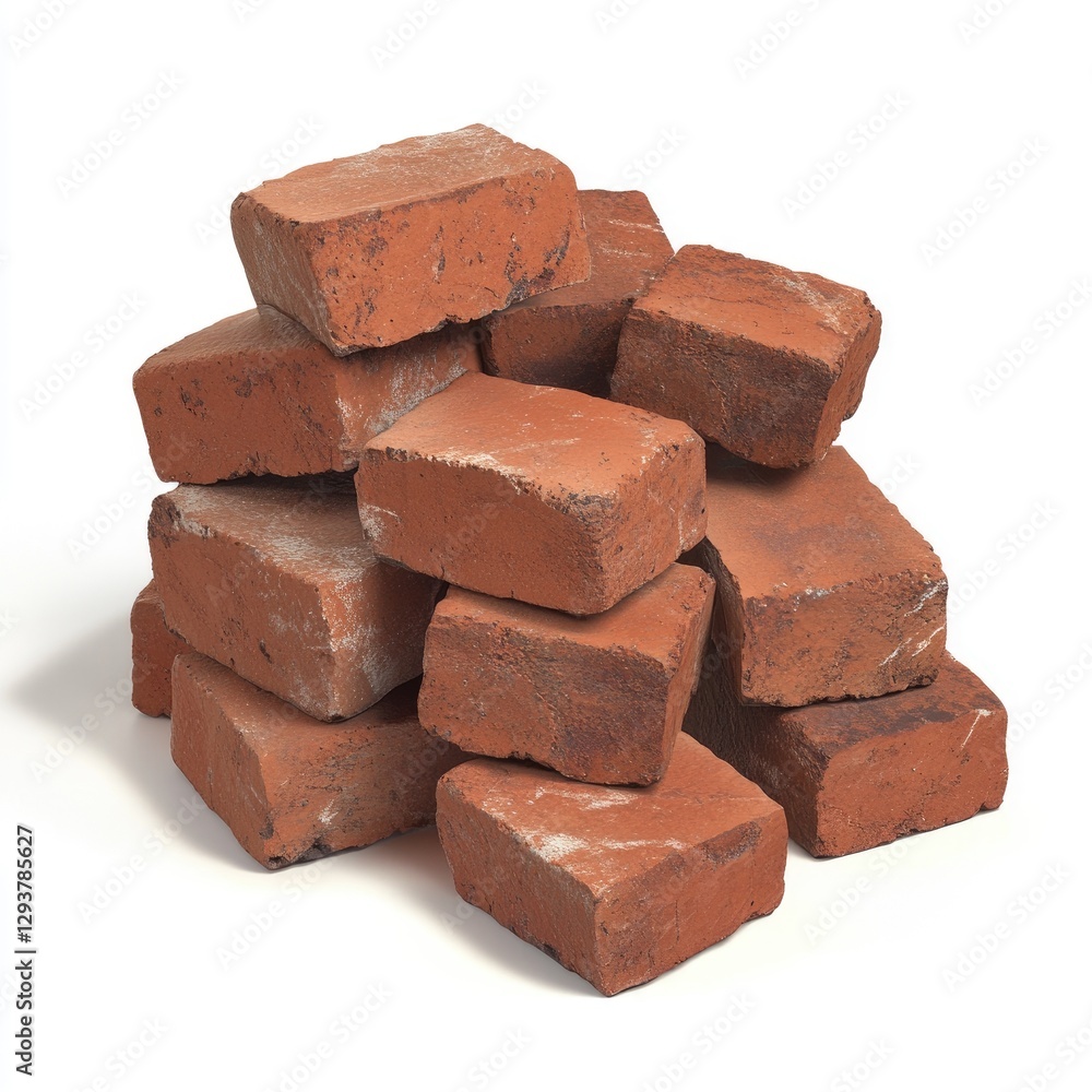 Pile of bricks stacked together, isolated on a white background. Create a realistic photograph of a pile or group of red-brown bricks Pile of bricks stacked together, isolated on a white background. Create a realistic photograph of a pile or group of red-brown bricks