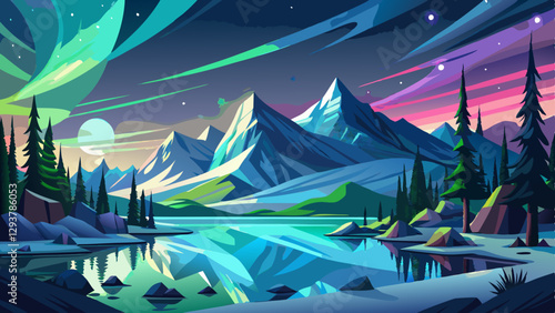 panorama with northern lights in night starry sky against background of mountains and lakes. Generative 