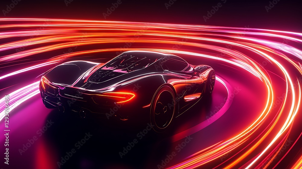 Obraz premium Futuristic sports car in vibrant neon light swirls