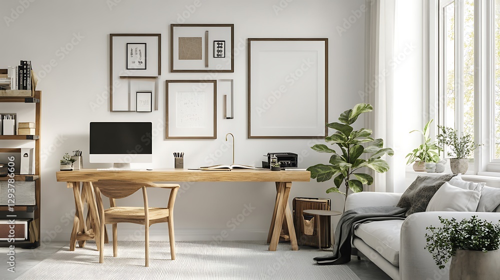 Fototapeta premium Modern home office interior with wooden furniture, plants, and framed art. Use for showcasing design inspiration