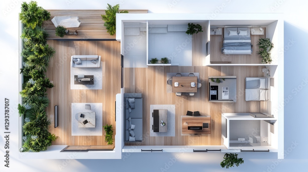 A modern 3D illustration of a house floor plan, offering an aerial view of room layouts, perfect for design and architectural projects A modern 3D illustration of a house floor plan, offering an aerial view of room layouts, perfect for design and architectural projects