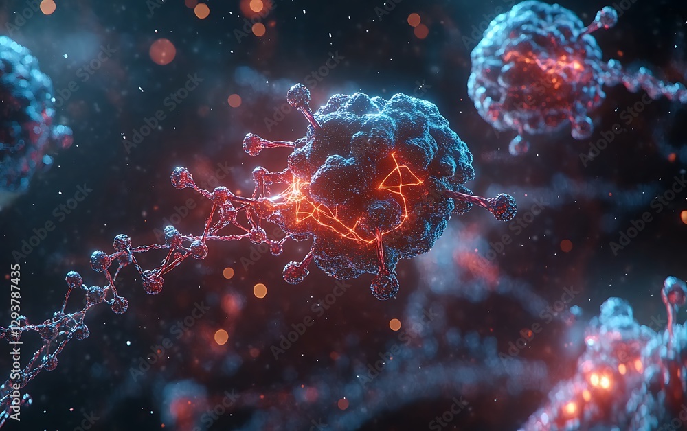 Abstract scientific image of molecular structures, showing intricate interactions. Possible use for educational materials or scientific publications Abstract scientific image of molecular structures, showing intricate interactions. Possible use for educational materials or scientific publications