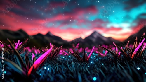 Fantasy grass field with bioluminescent plants, shimmering blue rivers, and a sky painted in pastel hues, a mystical wonderland