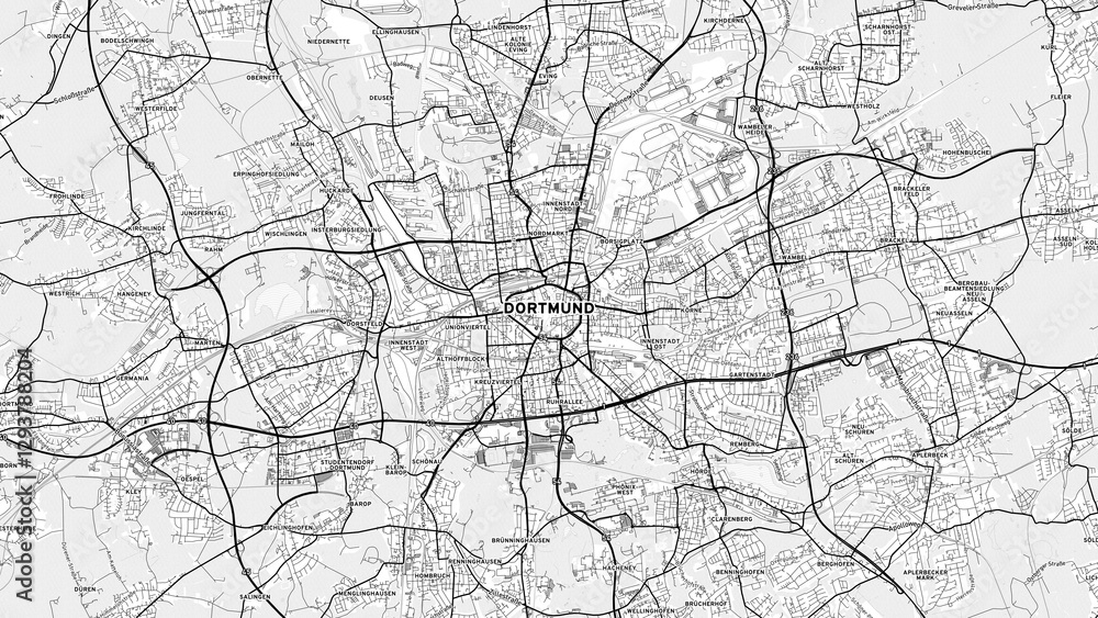 Minimalist Dortmund Street Map with Labels and Neighborhoods Minimalist Dortmund Street Map with Labels and Neighborhoods