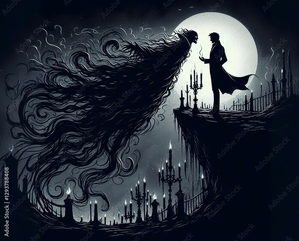 Naklejka premium Illustration featuring a man facing a dark spectral figure surrounded by moonlight and candlesticks on a gothic hill.