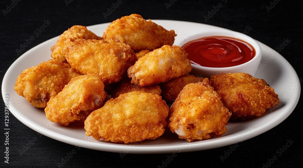 Crispy Golden Chicken Nuggets with Ketchup on a White Plate Crispy Golden Chicken Nuggets with Ketchup on a White Plate