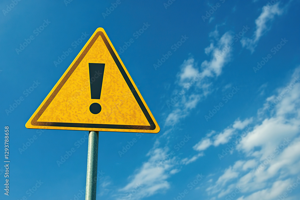 A yellow warning sign displays an exclamation mark against a vibrant blue sky. A yellow warning sign displays an exclamation mark against a vibrant blue sky.
