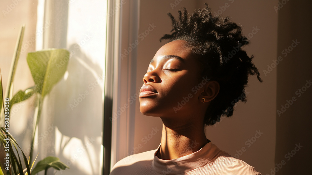 Young woman enjoying sunlight while meditating in a cozy indoor space Young woman enjoying sunlight while meditating in a cozy indoor space